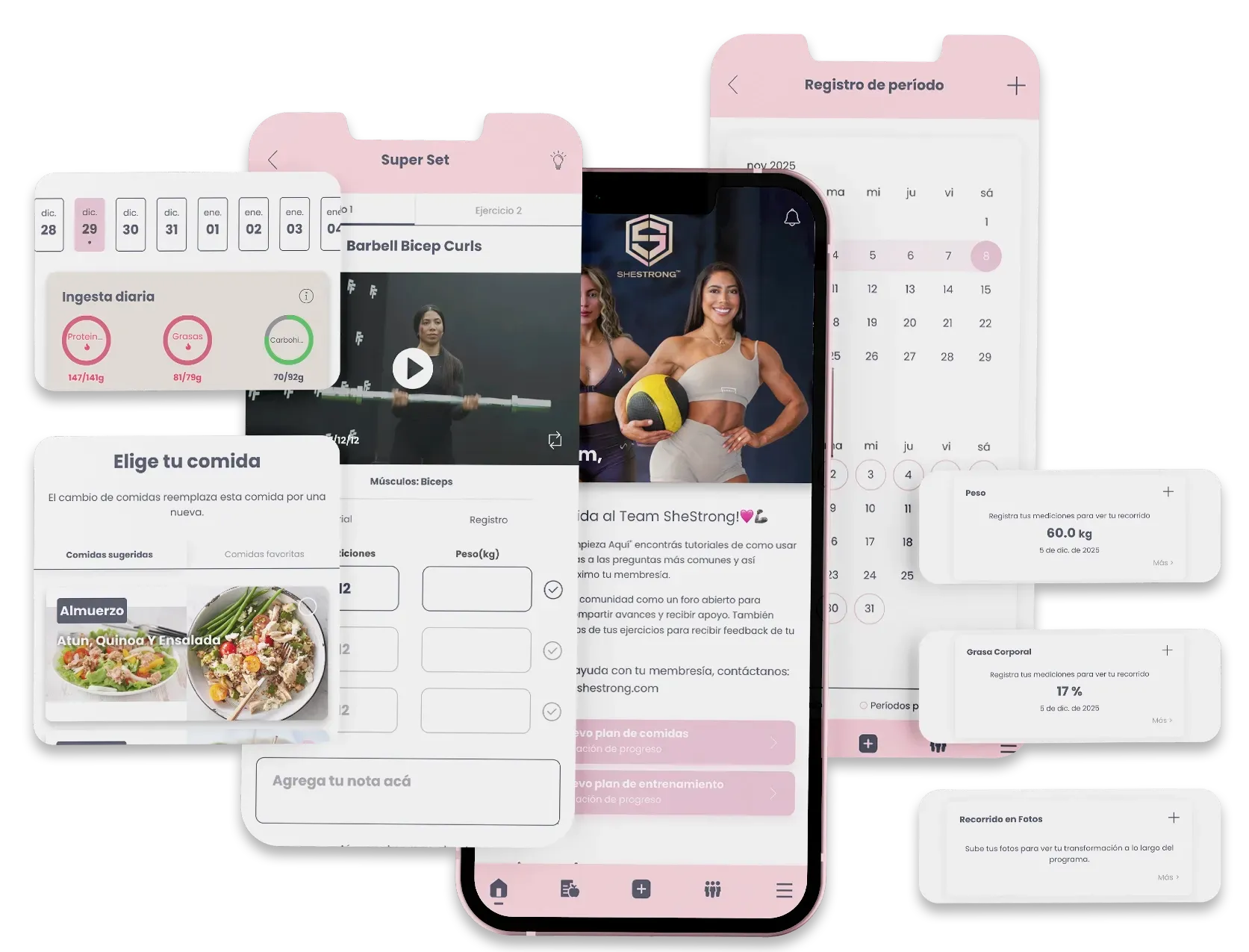 Woman working out with dumbbells, encircled by text promoting fitness and community. CRECE Planes de entrenamiento y nutrición