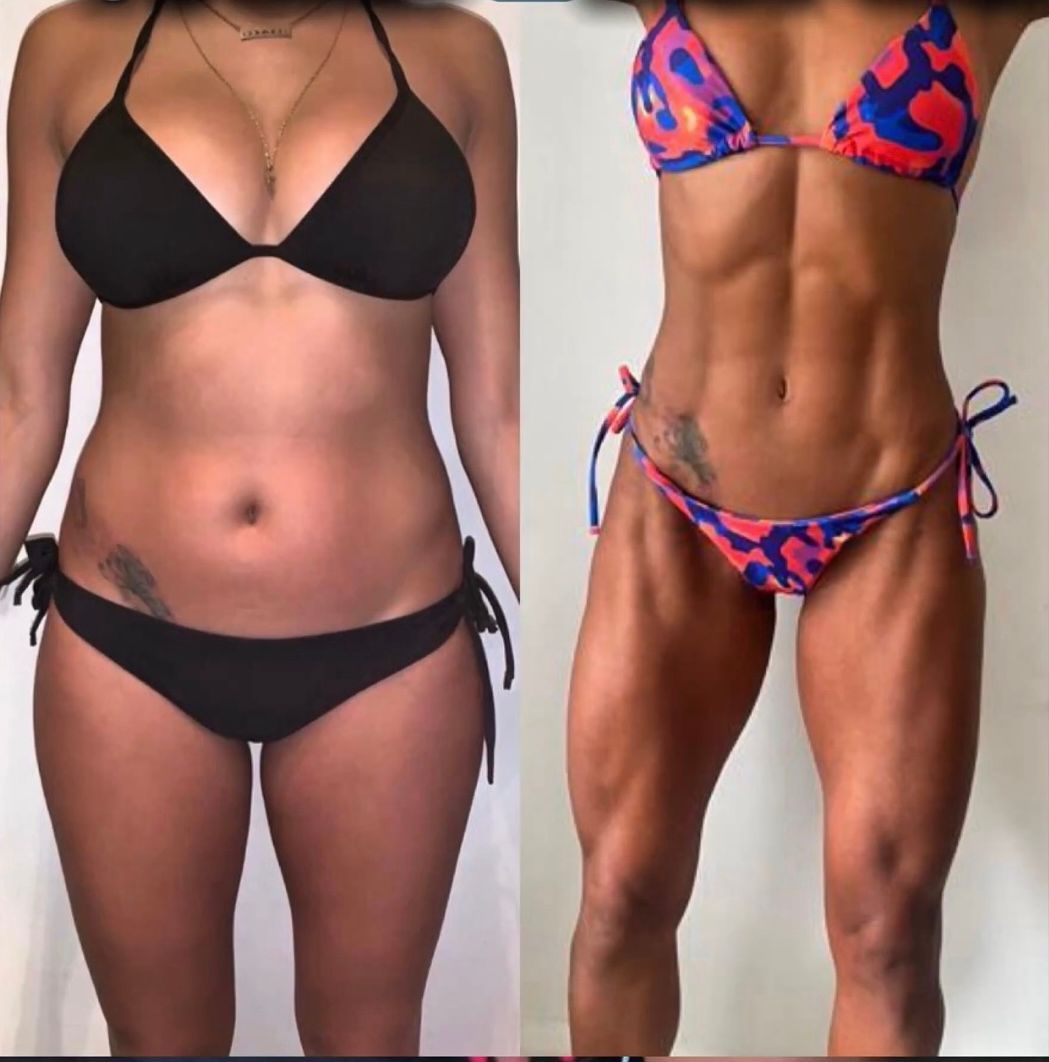 Side-by-side comparison of a woman flexing her biceps in swimwear. On the left, in blue; on the right, in black. Both photos show her fitness progress.