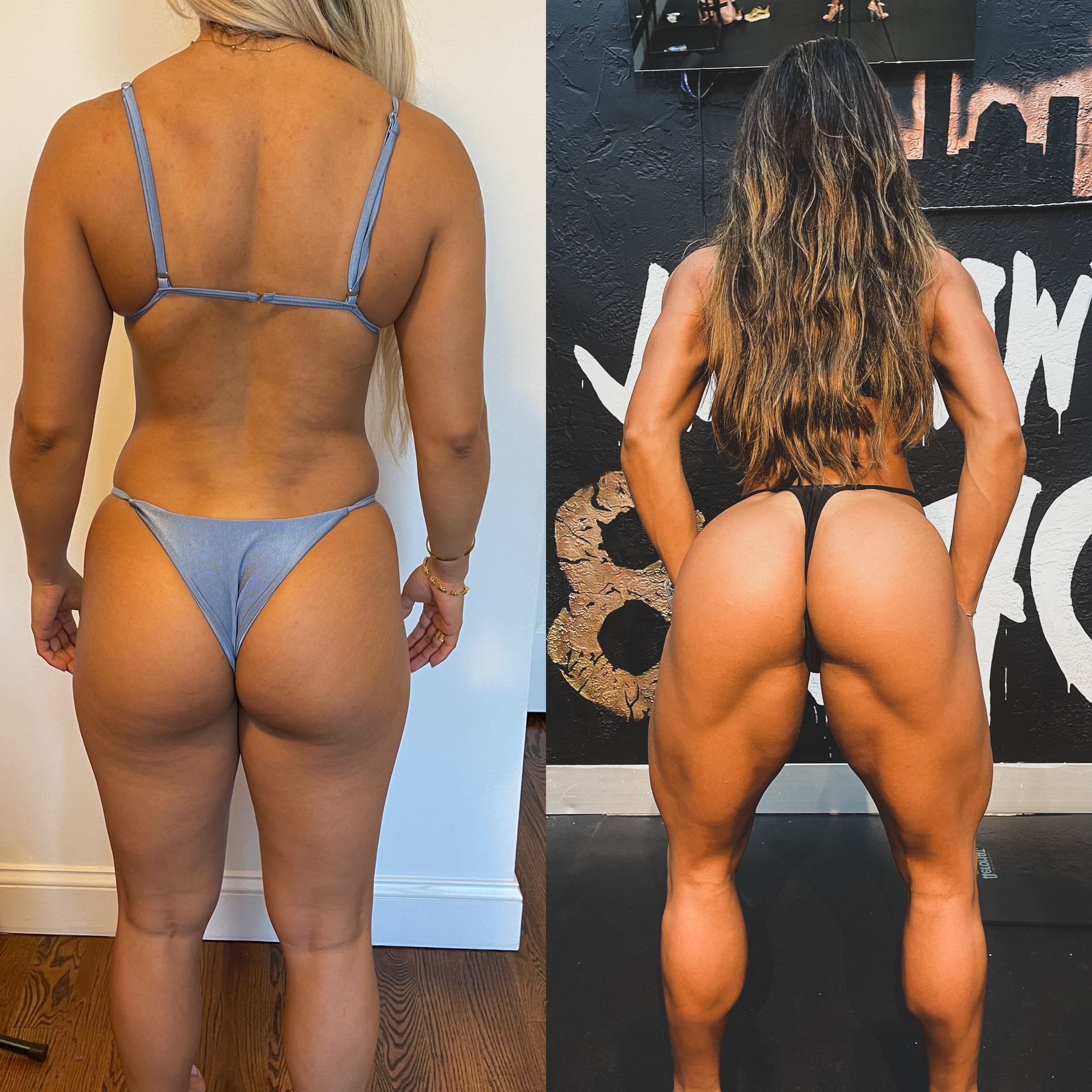 Two side-by-side photos showing a woman's body before and after a transformation. The "after" shows a more toned physique.