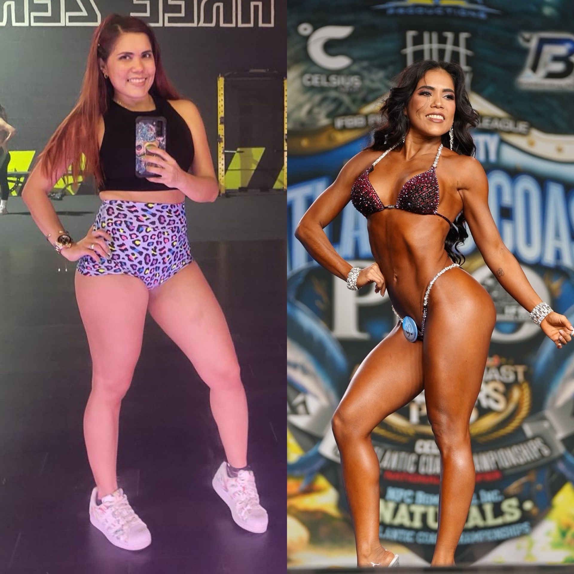 Side-by-side photos show a woman's body transformation, with her in a black bikini in the "before" image and a black lingerie set in the "after".