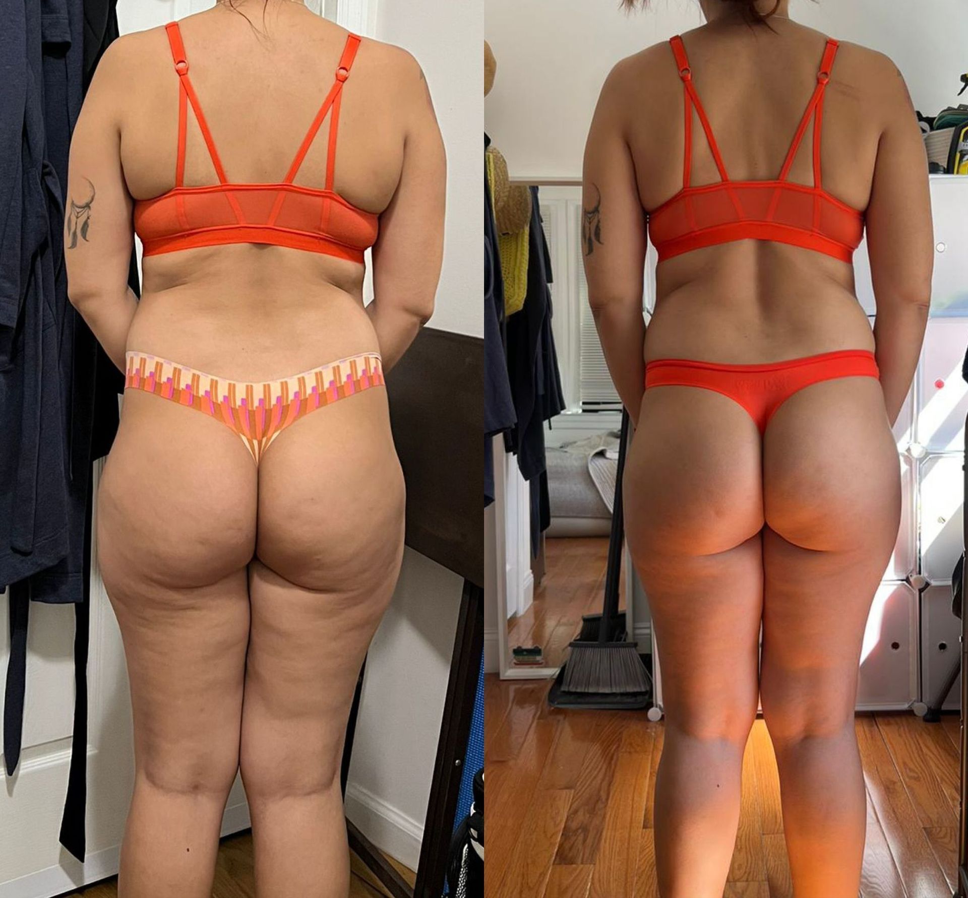 Side-by-side comparison showing a woman in burgundy lingerie. Left side shows before: a fuller figure. Right side: a slimmer figure with defined curves.