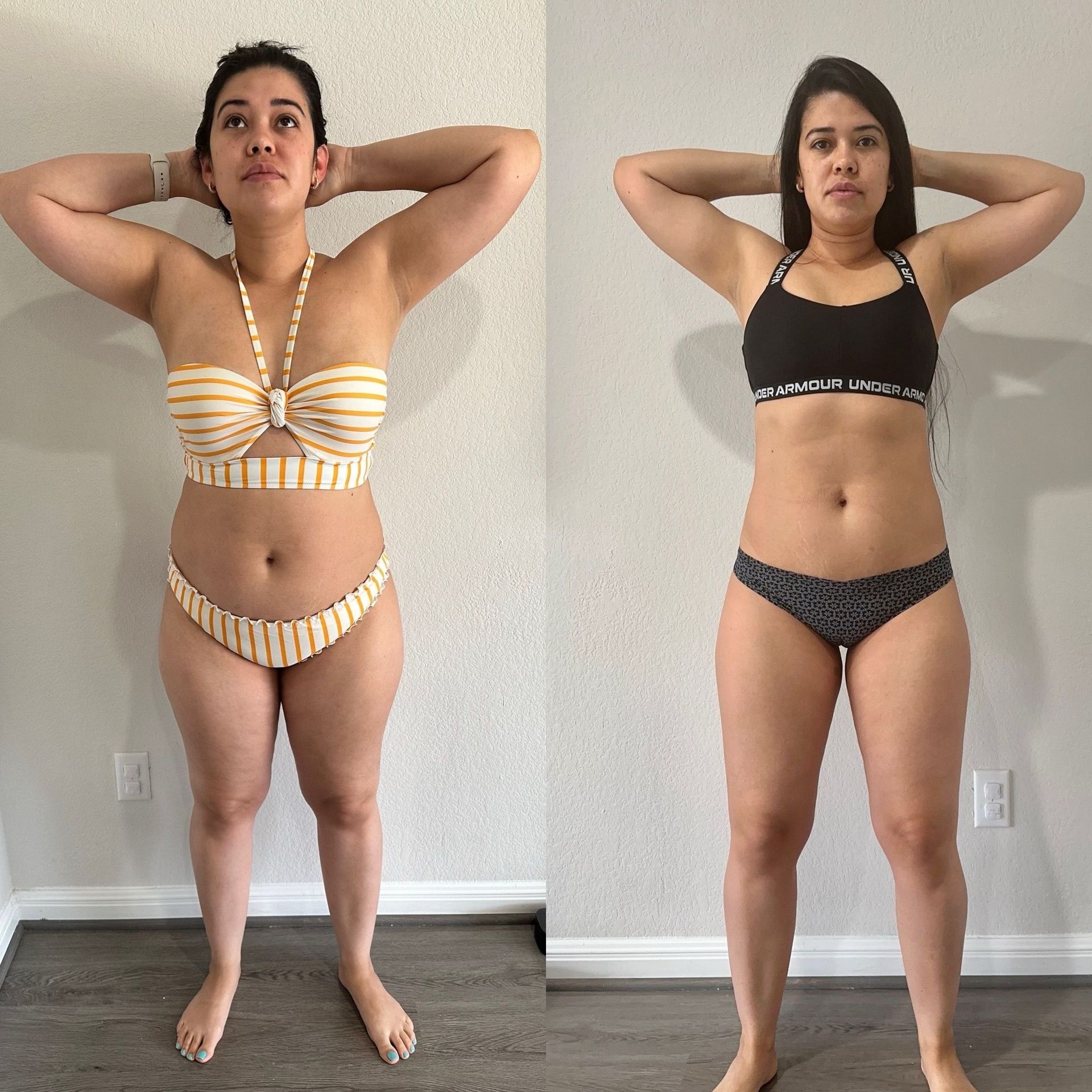 Two women's rear views; one in a pink bikini, the other in a black bikini. Both are in rooms, and bodies appear slimmer in the after shot.