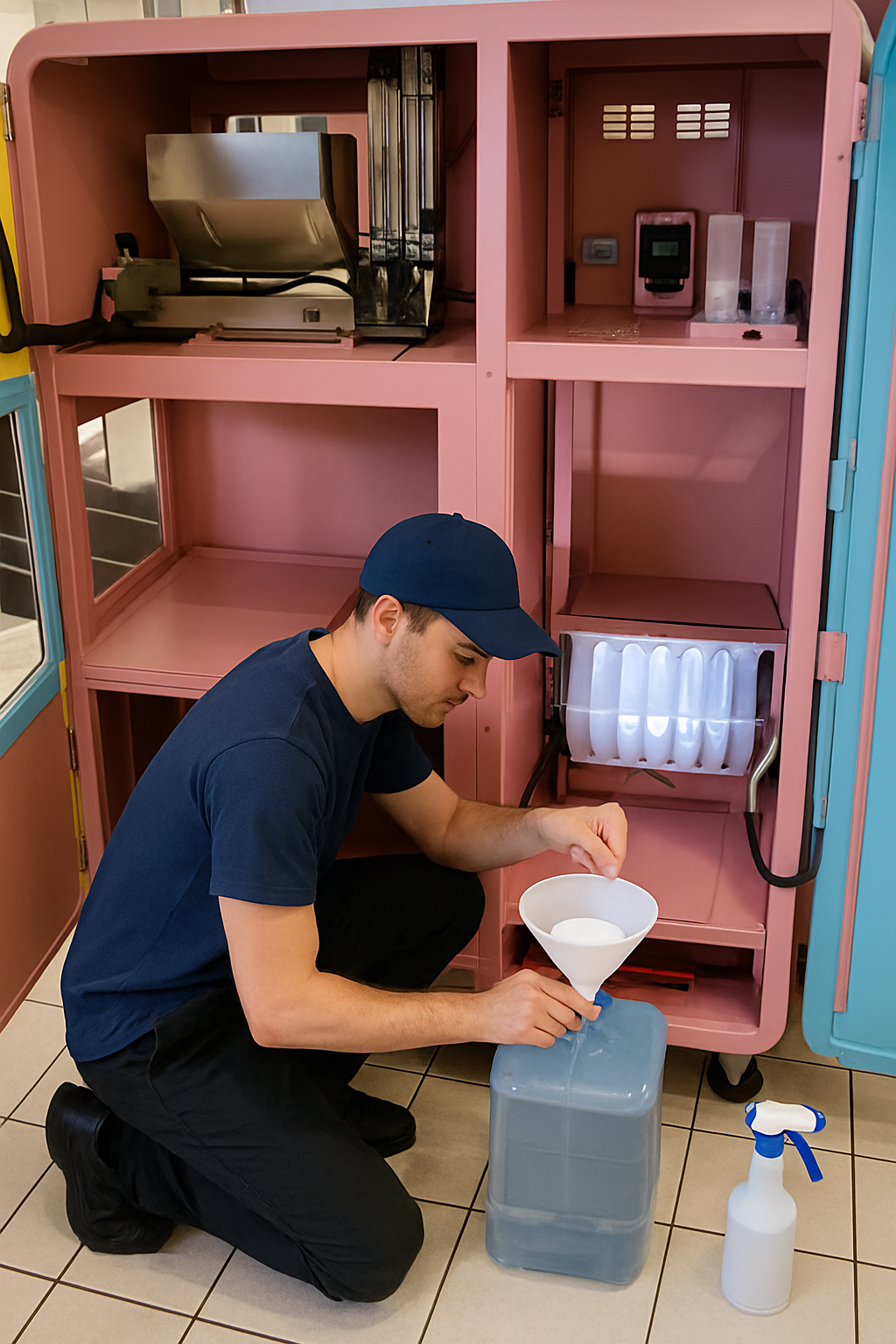 Professional service technician performing maintenance on pink cotton candy vending machine at military installation
