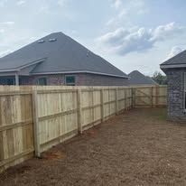 Wooden fence surrounds a backyard, two-story house in the background. Sunny day.