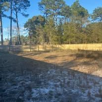 Backyard with wooden fence, trees in the background, sunlight.