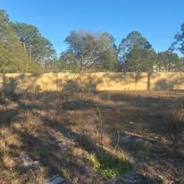 Open field with tall grass, trees in background, and wooden fence under a blue sky.