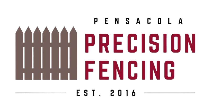 Logo for Pensacola Precision Fencing: brown picket fence graphic next to maroon text on a white background.