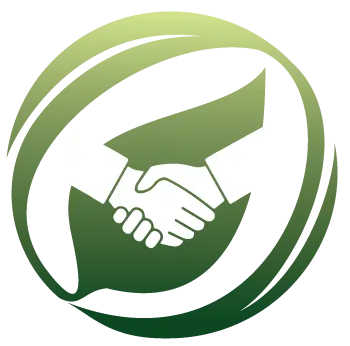 Green circular logo with a handshake over stylized leaves, symbolizing partnership and sustainability