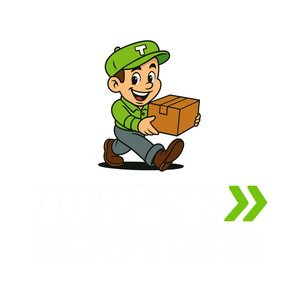 Delivery person in green uniform carrying a brown package, smiling. TOMMYS TRANSPORT & REMOVALS LOGO