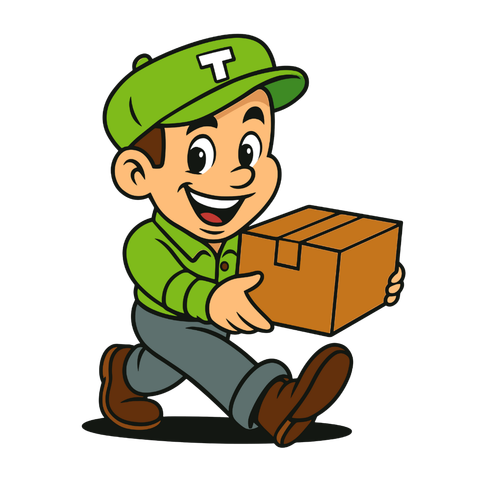 Delivery person in green uniform, holding a package, running with a smile.