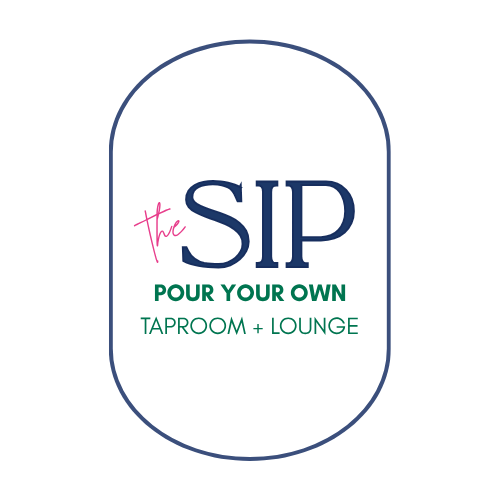 Logo for "The Sip" taproom and lounge: blue and white oval with text in various colors.