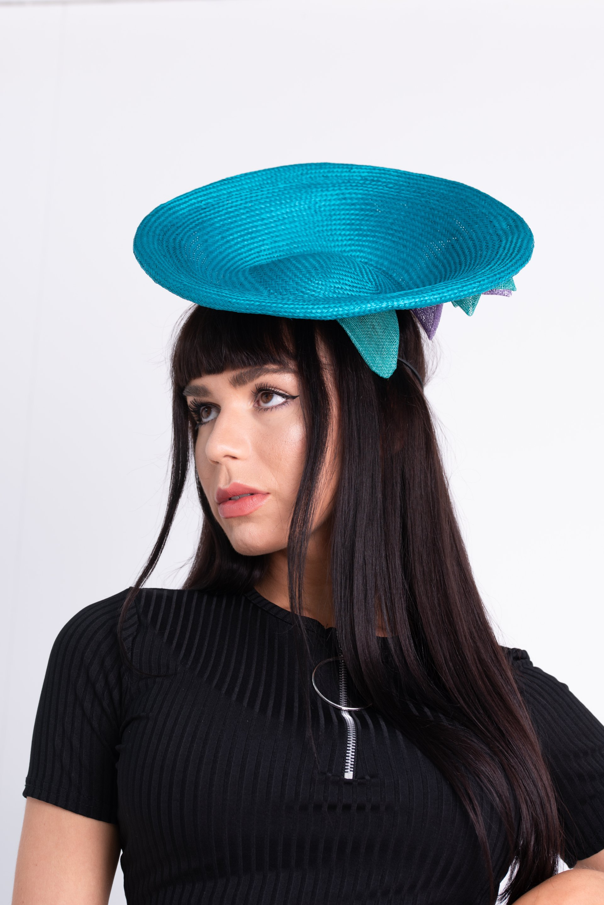 Buntal straw saucer hat with sinamay flowers