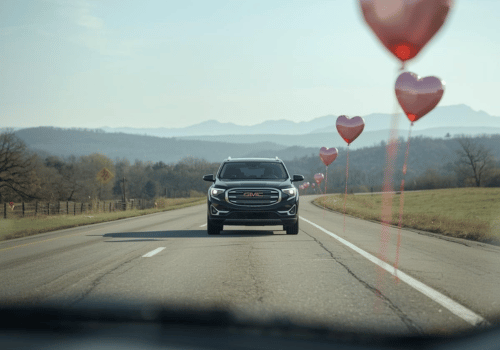 GMC SUV driving on a rural road with heart balloons along the roadside.