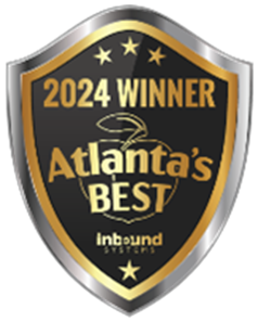 Atlanta's Best 2024 Winner badge. Black and gold shield with an apple logo and