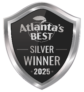 Atlanta's Best Silver Winner 2025 award badge, black and silver shield shape, apple logo at top.