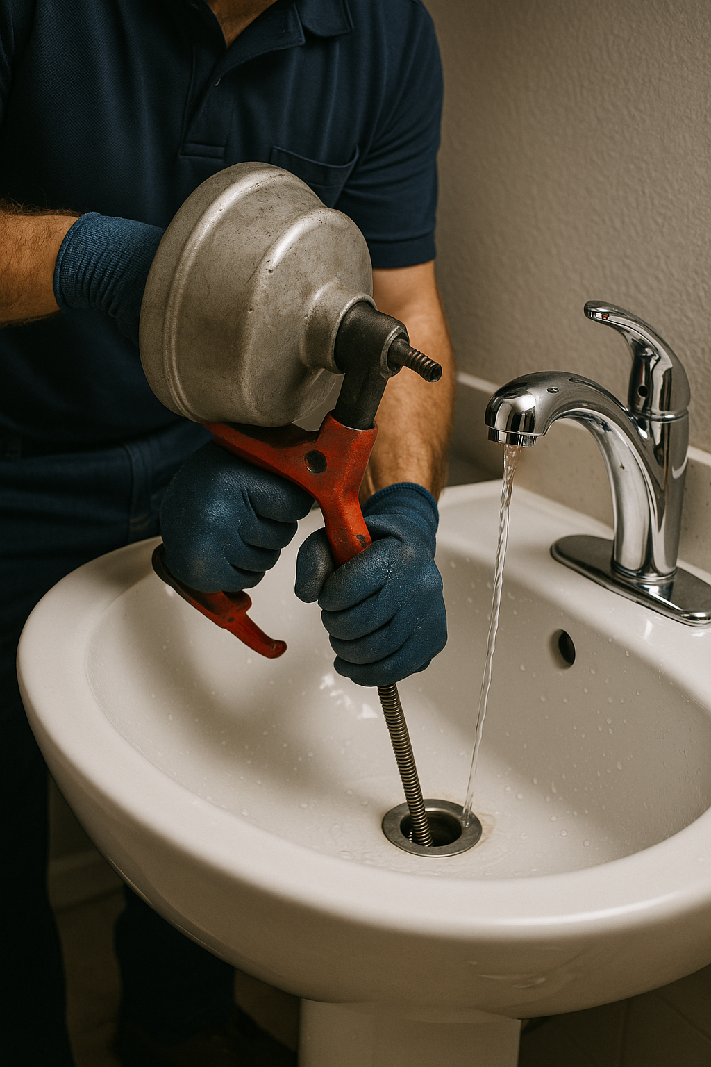 Person in blue work clothes and gloves vacuuming a septic tank on grassy lawn.