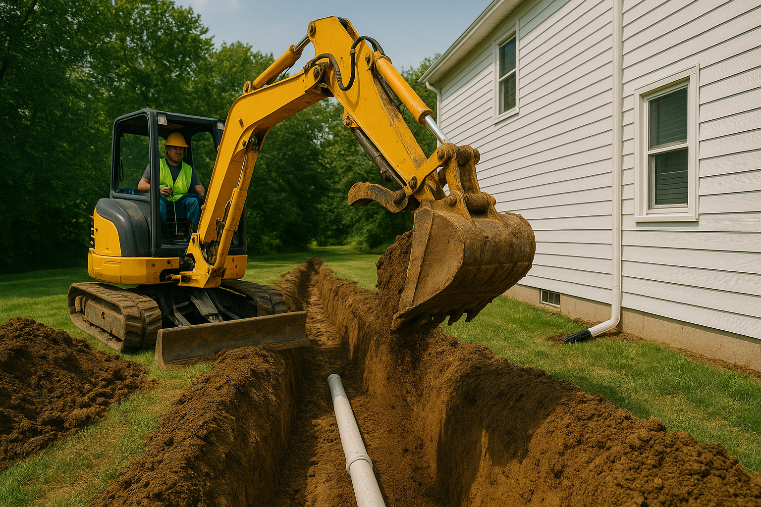 Yellow excavator digging into a mound of red-brown earth under a pale sky.