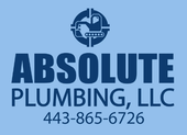 Logo for Absolute Plumbing, LLC, blue background, with text and a crosshair icon with a backhoe.