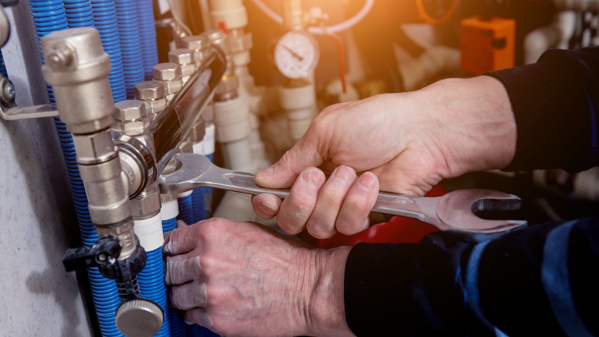 A man is fixing a pipe with a wrench.