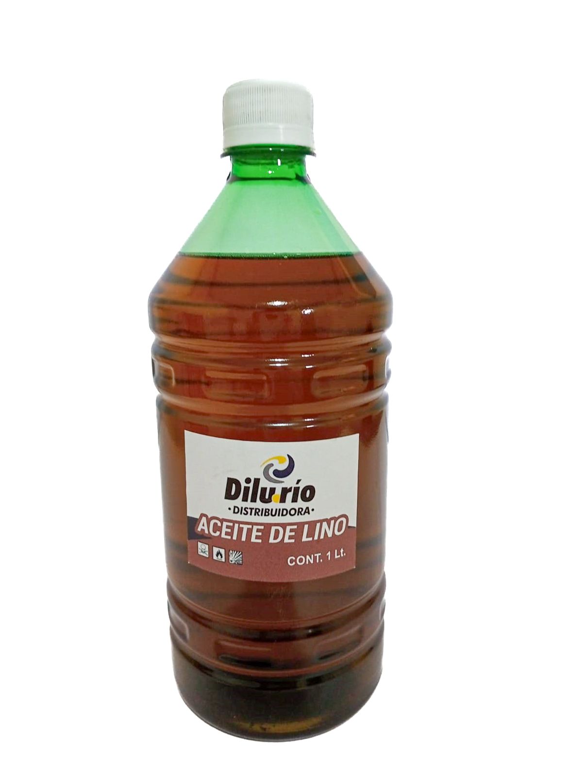 Una botella de aceite de lino diluido sobre un fondo blanco.