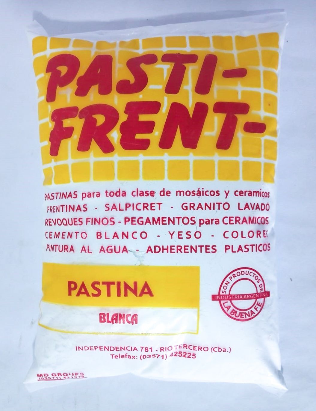 Una bolsa amarilla y blanca de pastina pasti-front