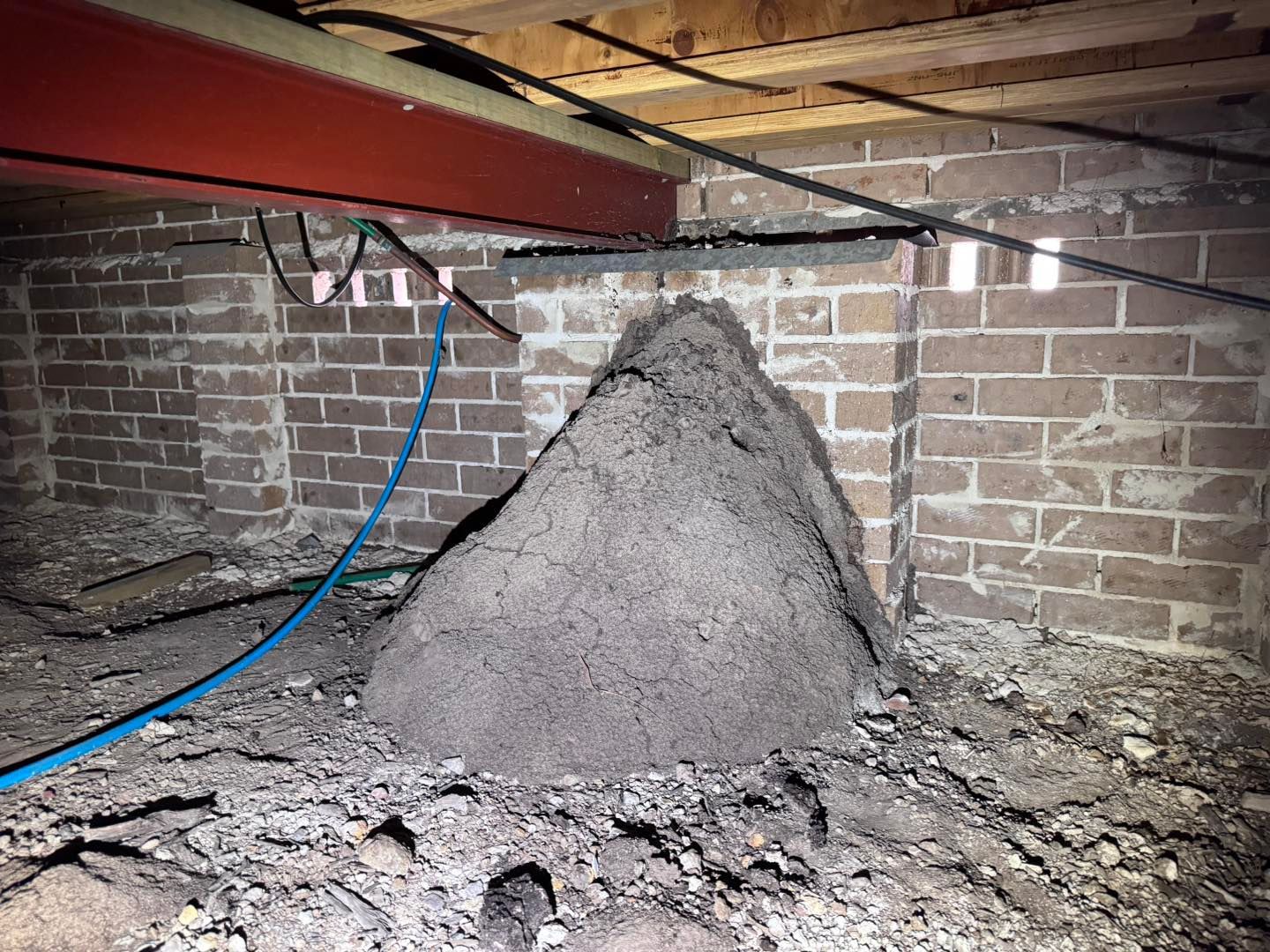 A large termite mound sits against a brick foundation wall beneath the floor joists of a crawl space.