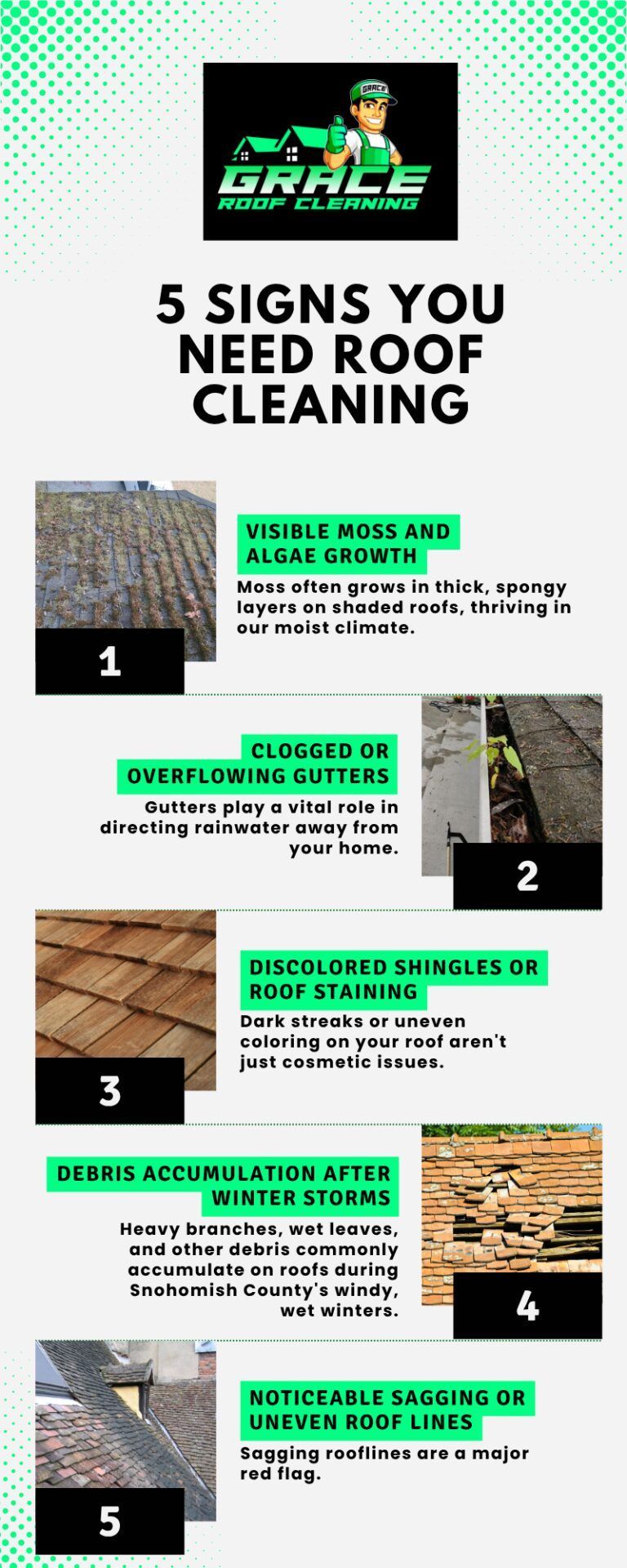Infographic titled “5 signs you need roof cleaning,” with five numbered signs on a white and green background.