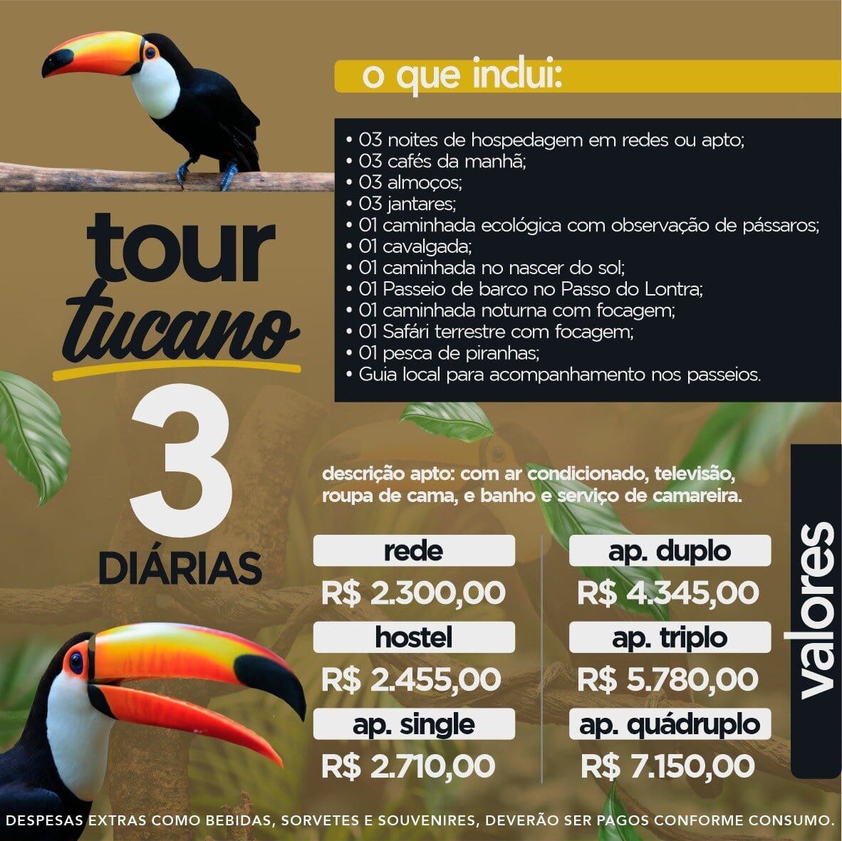 Um anúncio do tour tucano 3 diarias com um tucano nele