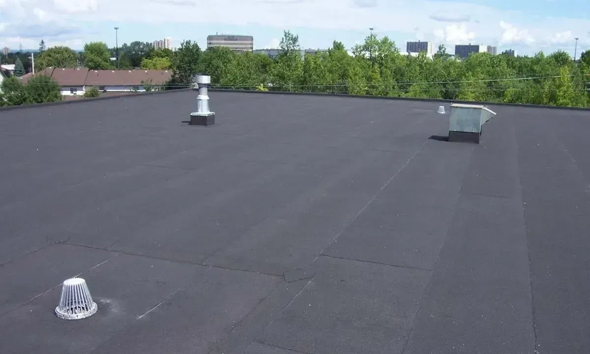A flat black roof surface with three metal vents and trees in the background.
