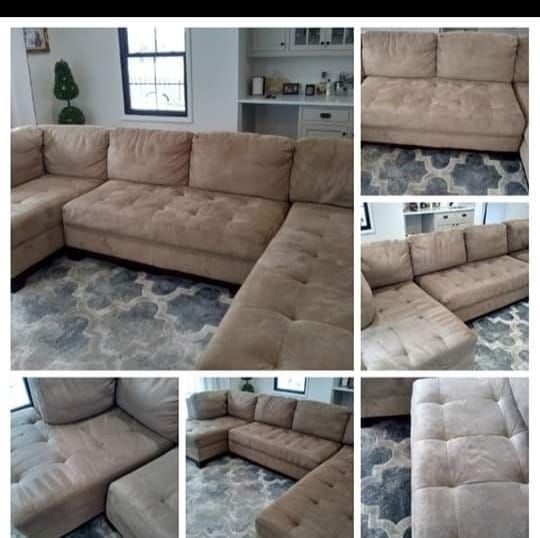 a collage of photos of a sectional couch in a living room .