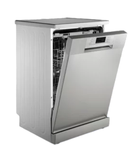 Silver dishwasher with door open, revealing interior racks.