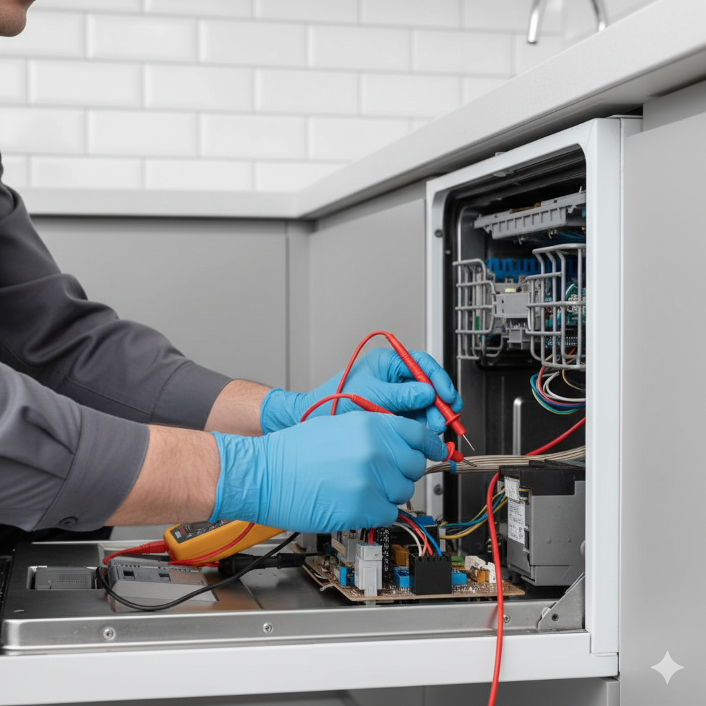 Person in gloves uses multimeter to repair appliance; wires and components visible.