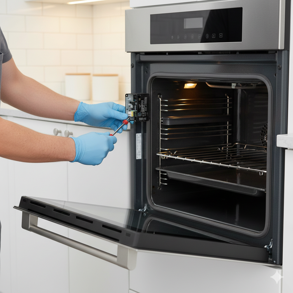 A person fixing an oven; blue gloves, screwdriver, open oven, white kitchen.