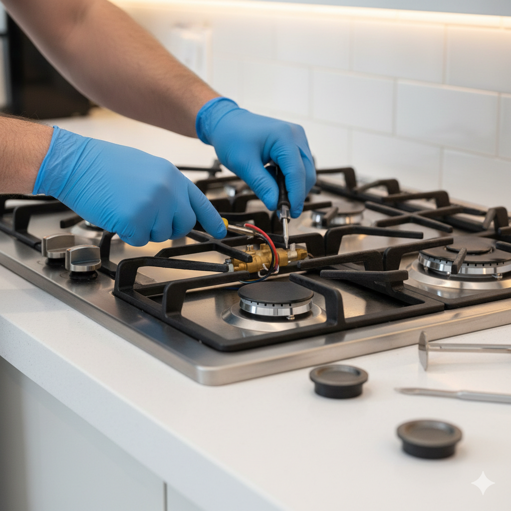 Hands in blue gloves repairing a gas stove on a white countertop.