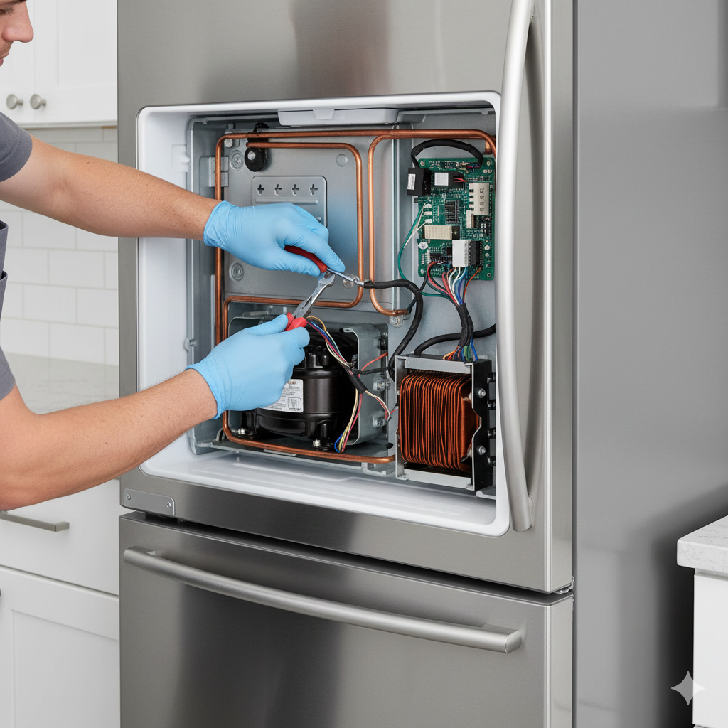 Person in blue gloves fixing refrigerator's internal components with a screwdriver.