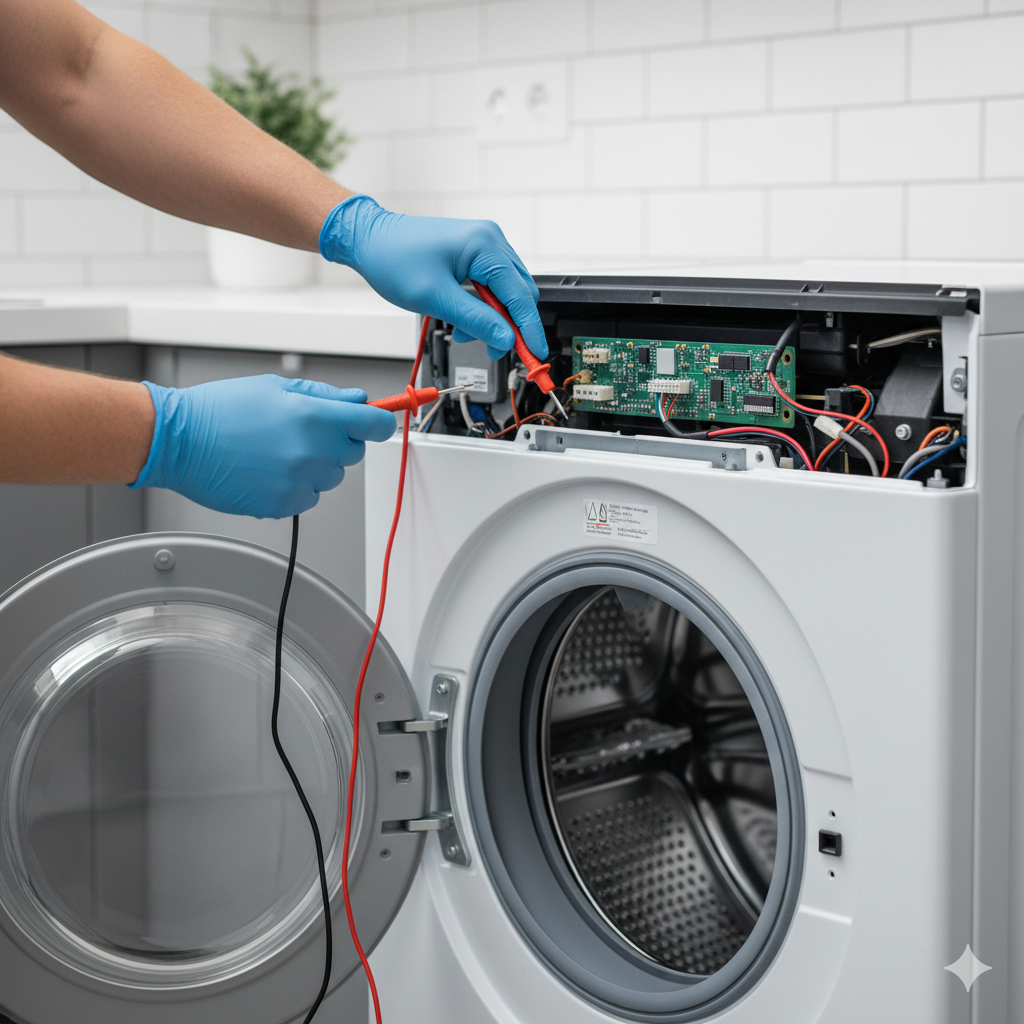Person in blue gloves tests washing machine's circuit board with multimeter.