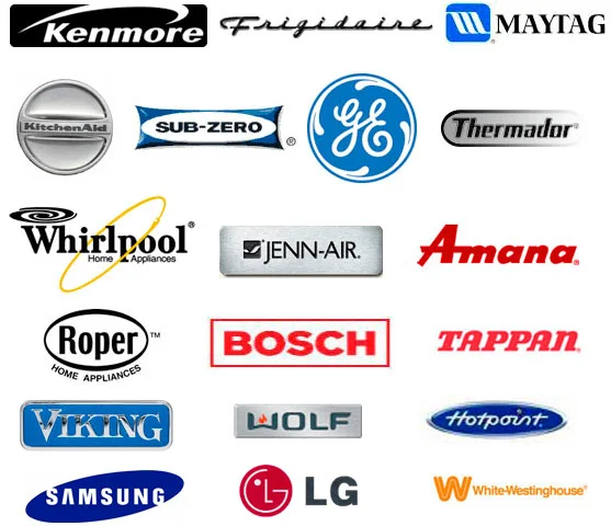 Logos of various home appliance brands, including Kenmore, GE, Whirlpool, and Samsung.