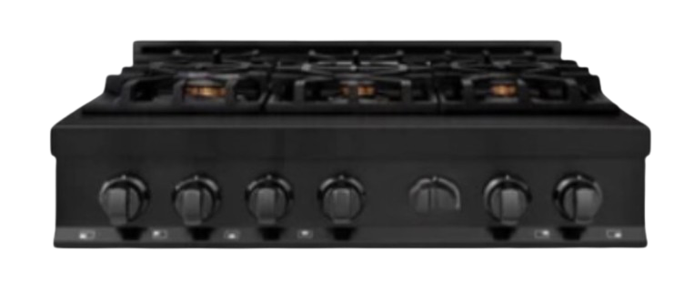 Gas stovetop with five burners and silver finish. Knobs at the bottom.