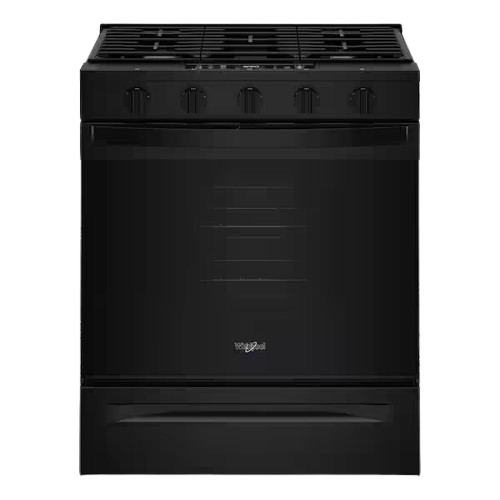 Stainless steel gas range with four burners, oven, and control knobs.