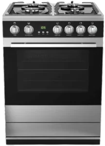 Stainless steel gas range with four burners, oven, and control knobs.