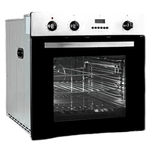 Stainless steel oven with a black glass door, three knobs, and an interior with racks.