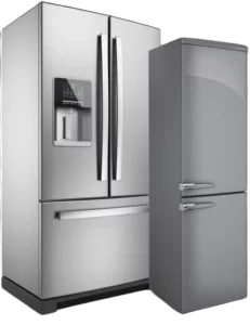 Two stainless steel refrigerators. One French door, one top freezer.
