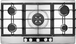 Gas stovetop with five burners and silver finish. Knobs at the bottom.