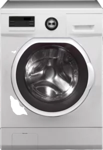 White front-loading washing machine with a round door, control panel on top.
