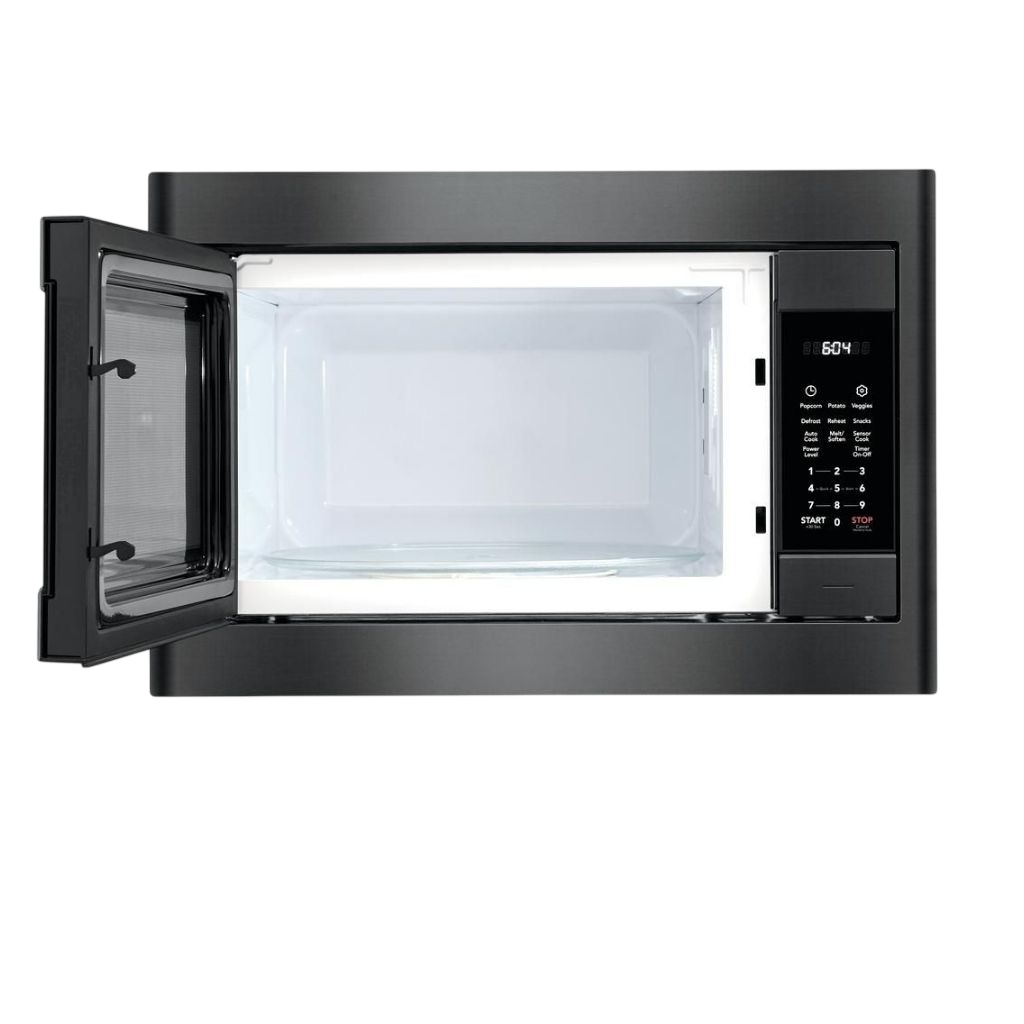 Stainless steel oven with a black glass door, three knobs, and an interior with racks.