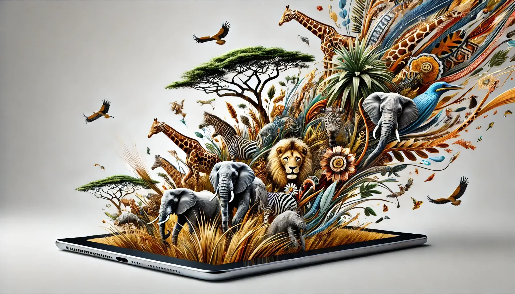 A tablet with a bunch of animals coming out of it.