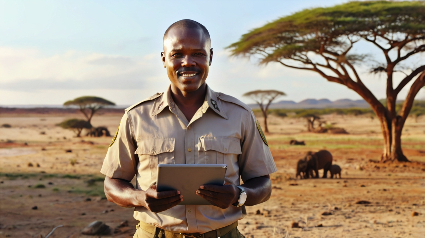 AI Image of a man is holding a tablet in front of an elephant herd.