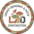 Logo for Legacy Driveway & Patio Construction. Circle with brick border; white center with text, a trowel, bricks, and "LDP" with a road.