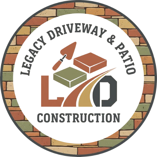 Logo for Legacy Driveway & Patio Construction. Circle with brick border; white center with text, a trowel, bricks, and "LDP" with a road.