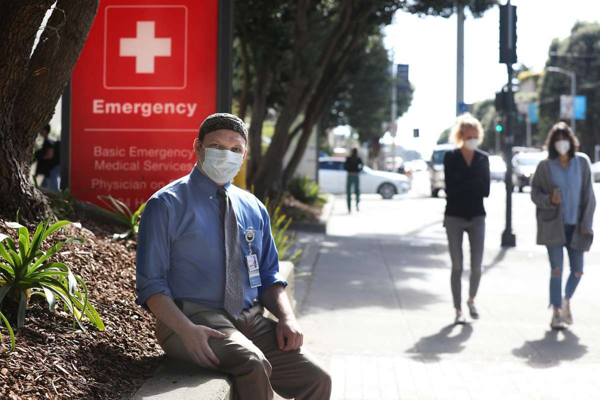 Chaplain Jeremy Sher outside the emergency room at UCSF Parnassus Medical Center.